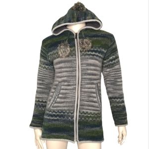 Laundromat Wool Zip Front Jacket Hooded Lined Pom Pom Trim Made in Nepal Medium